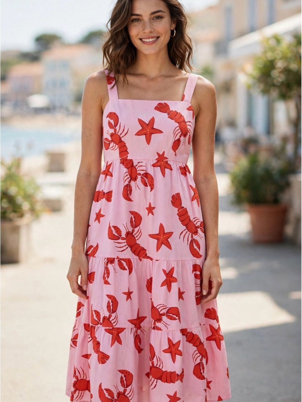 J. Crew Sz12 pink red lobster starfish tiered midi tiered midi dress pockets
